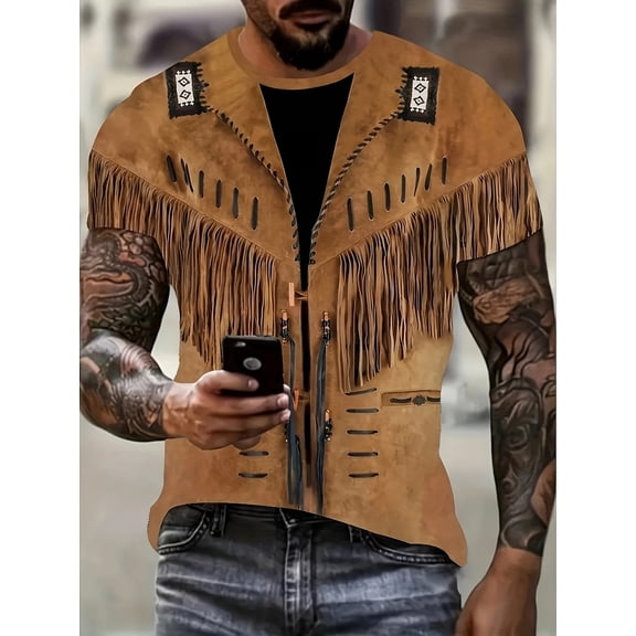 Men's Plus Vintage Ethnic Print T-Shirt - Casual Crew Neck Short Sleeve Top, 100% Polyester, Regular Summer Shirt, Machine Washable, Large