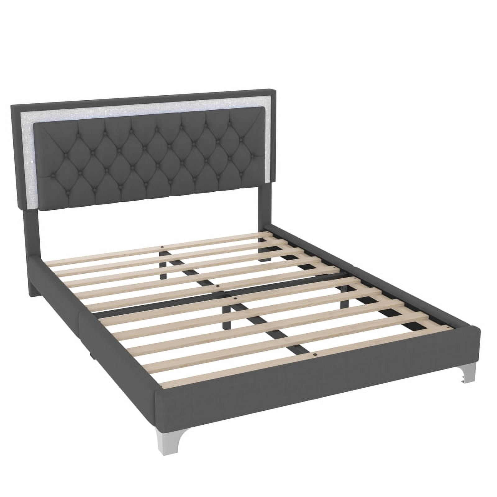 Queen Size Upholstered Bed Frame with LED Lights,Modern Velvet Platform Bed with Tufted Headboard,Gray