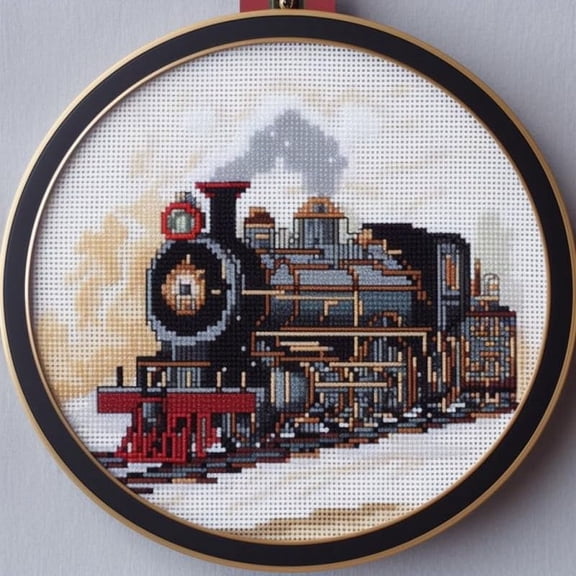 Steam Train Starter Easy Cross Stitch Kits Color Stamped Embroidery Kits DIY 11CT Stamped Patterns Embroidery Needlework Kit Supplies 12 Inch Hoop Included(et-189)