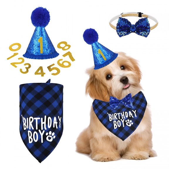 TELOLY Dog Birthday Party Set with Bandanas Birthday Hat Banner Blue Supplies for Dogs of