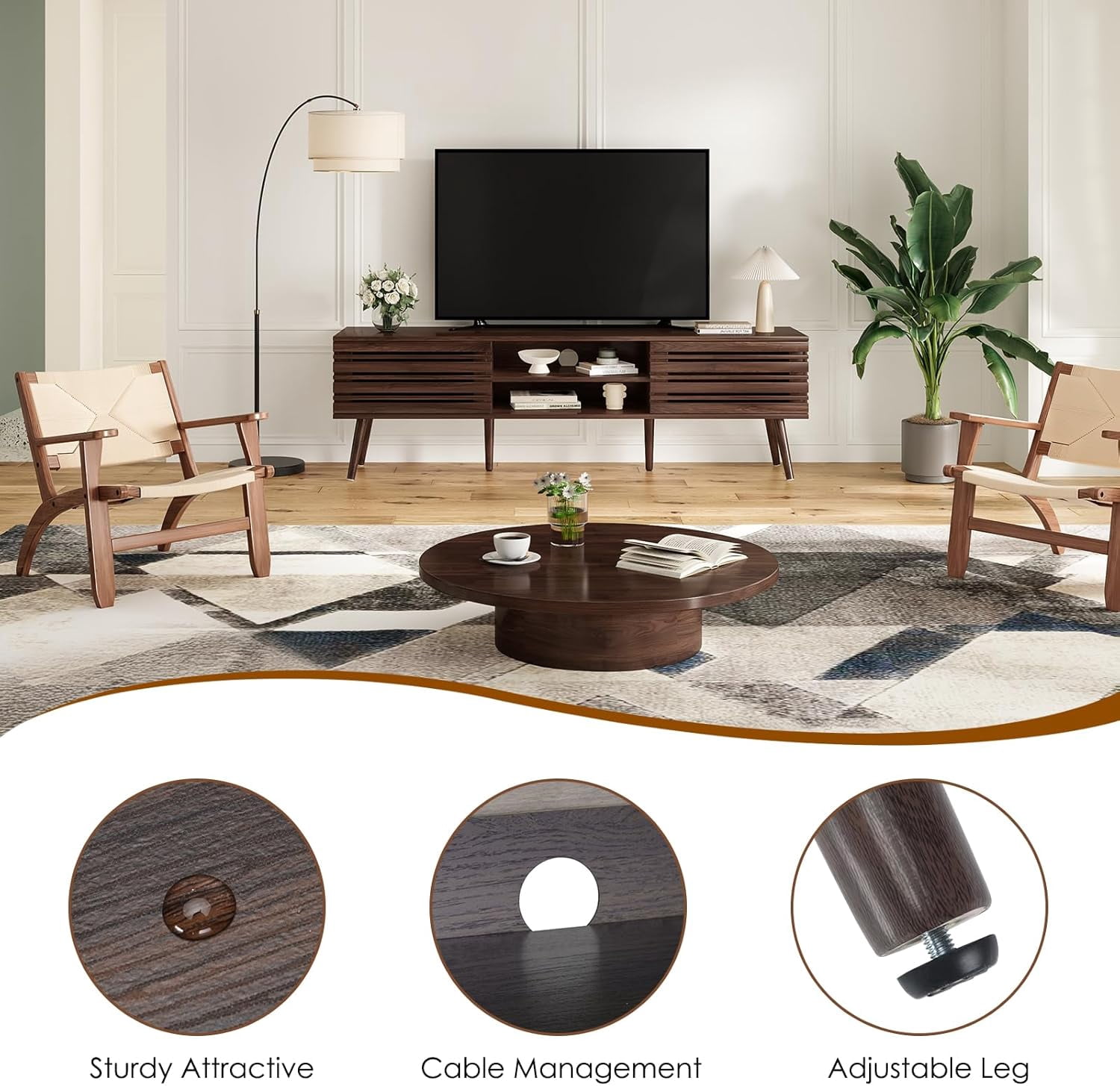 STARY Mid Century Modern TV Stands for up to 70" TV with Storage, Fluted Wood TV Stand for Living Room, Boho Media Console, Entertainment Center with Cable Management