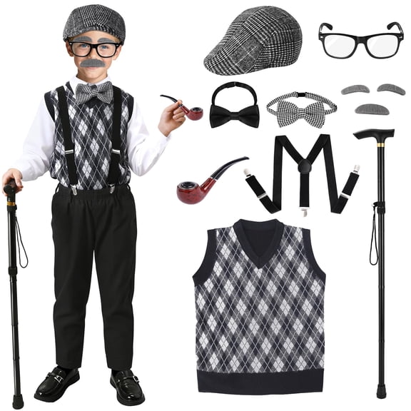 Lyacmy Old Man Costume for Kids 100 Days of School Costume for Boys, M