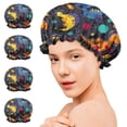 thumbnail image 7 of Shower Caps,DarkBlue Cartoon Dinosaurs Planets Pattern Waterproof Shower Cap for Women 4 Pieces,Double Reusable Hair Cover for Shower PEVA Elastic Stretch Hem, 7 of 7