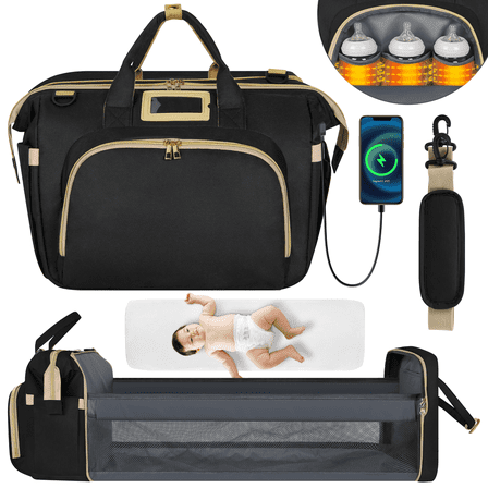 Diaper Bag Tote, Multifunctional Baby Changing Bag with Insulated Milk Bottle Pockets, Large Capacity Travel Backpack W/ USB Charging Port & Stroller Straps, Portable Newborn Baby Bags(Black)