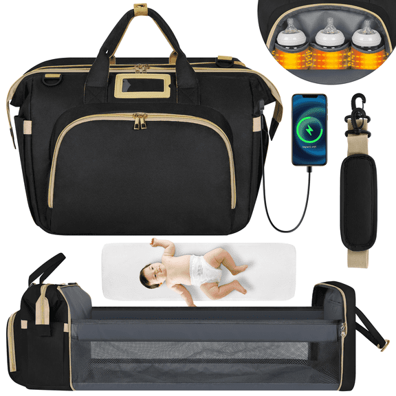 Diaper Bag Tote, Multifunctional Baby Changing Bag with Insulated Milk Bottle Pockets, Large Capacity Travel Backpack W/ USB Charging Port & Stroller Straps, Portable Newborn Baby Bags(Black)