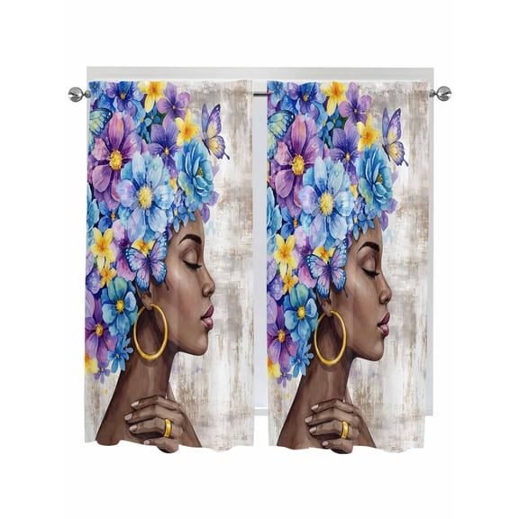 Black African Women Bathroom Window Curtain, Spring Floral Butterfly Vintage Light Filtering Coffee Kitchen Curtains, Bedroom Living Room Curtains 2 Panel 84"x63"