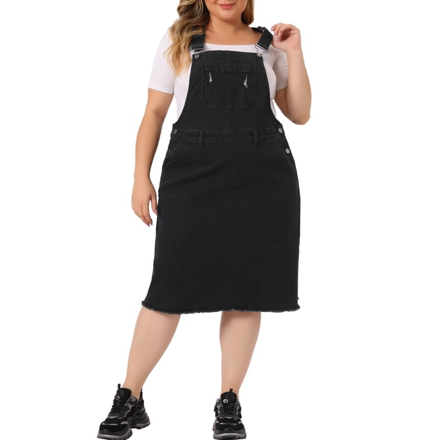 Agnes Orinda Women's Plus Size Jean Skirt Distressed Racerback Suspender Denim Overall Dress 1X Black