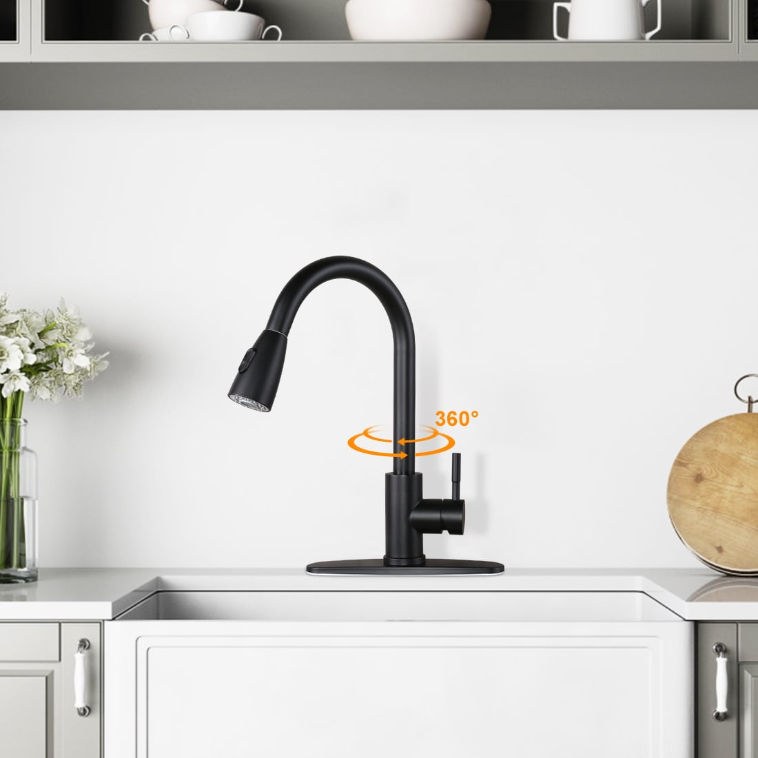WOWOW Pull Down Kitchen Sink Faucet with Sprayer Stainless Steel Black 1 Handle Kitchen Faucets