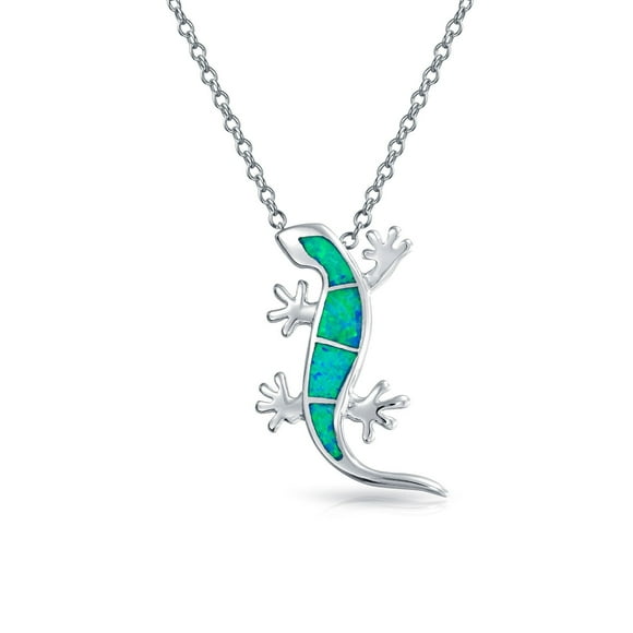 Nautical Tropical Vacation Beach Green Created Opal Gecko Lizard Pendant Necklace for Women Teen .925 Sterling Silver