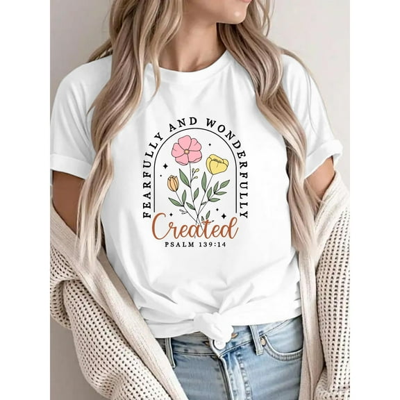 Womens Christian Graphic Tees "Fearfully & Wonderfully Made" Psalm 139:14 Floral Print T Shirts Inspirational Pattern Tops for Daily Outfits,S-5XL