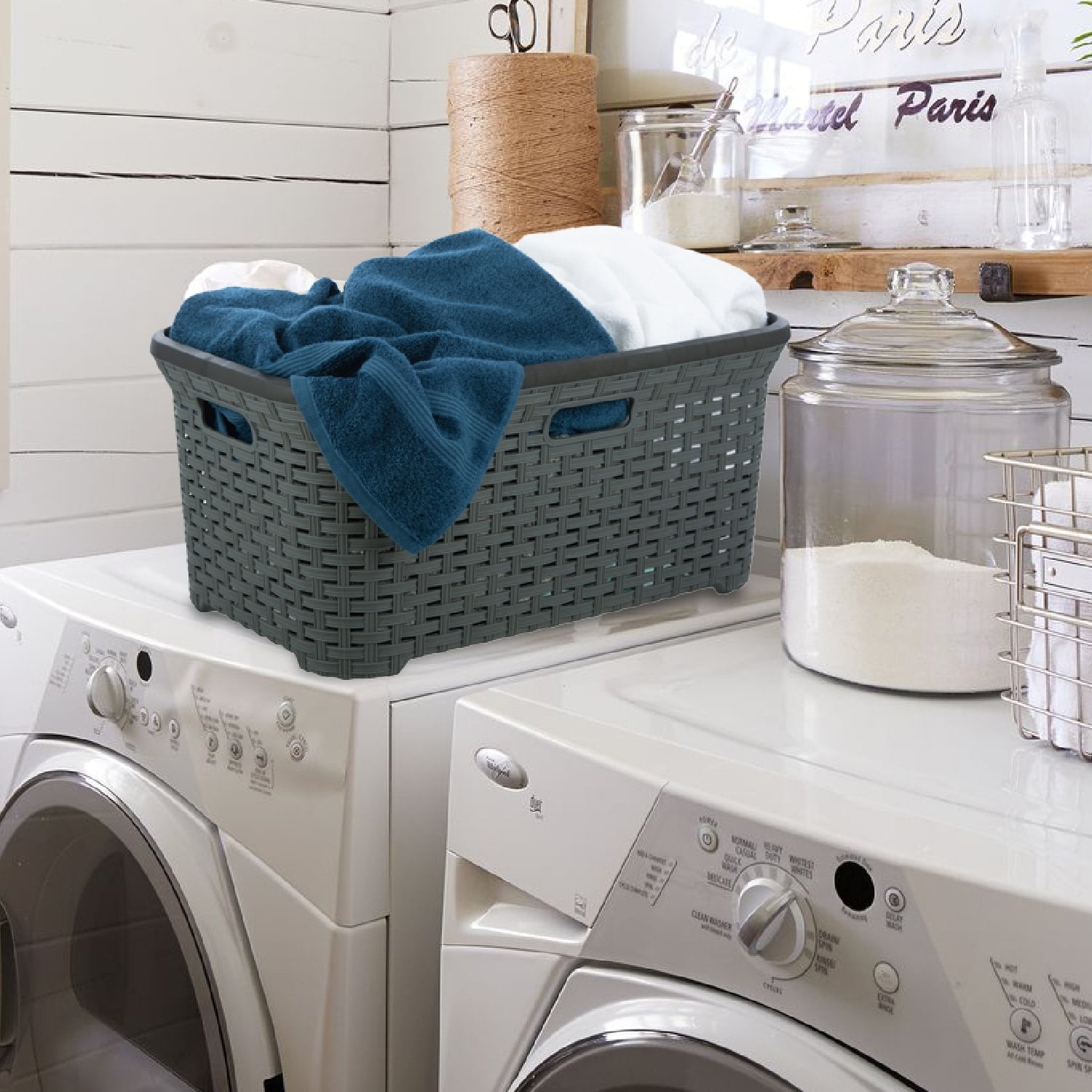 Superio  Large Wicker Laundry Basket with Cutout Carry Handles - Capacity: 50l Grey