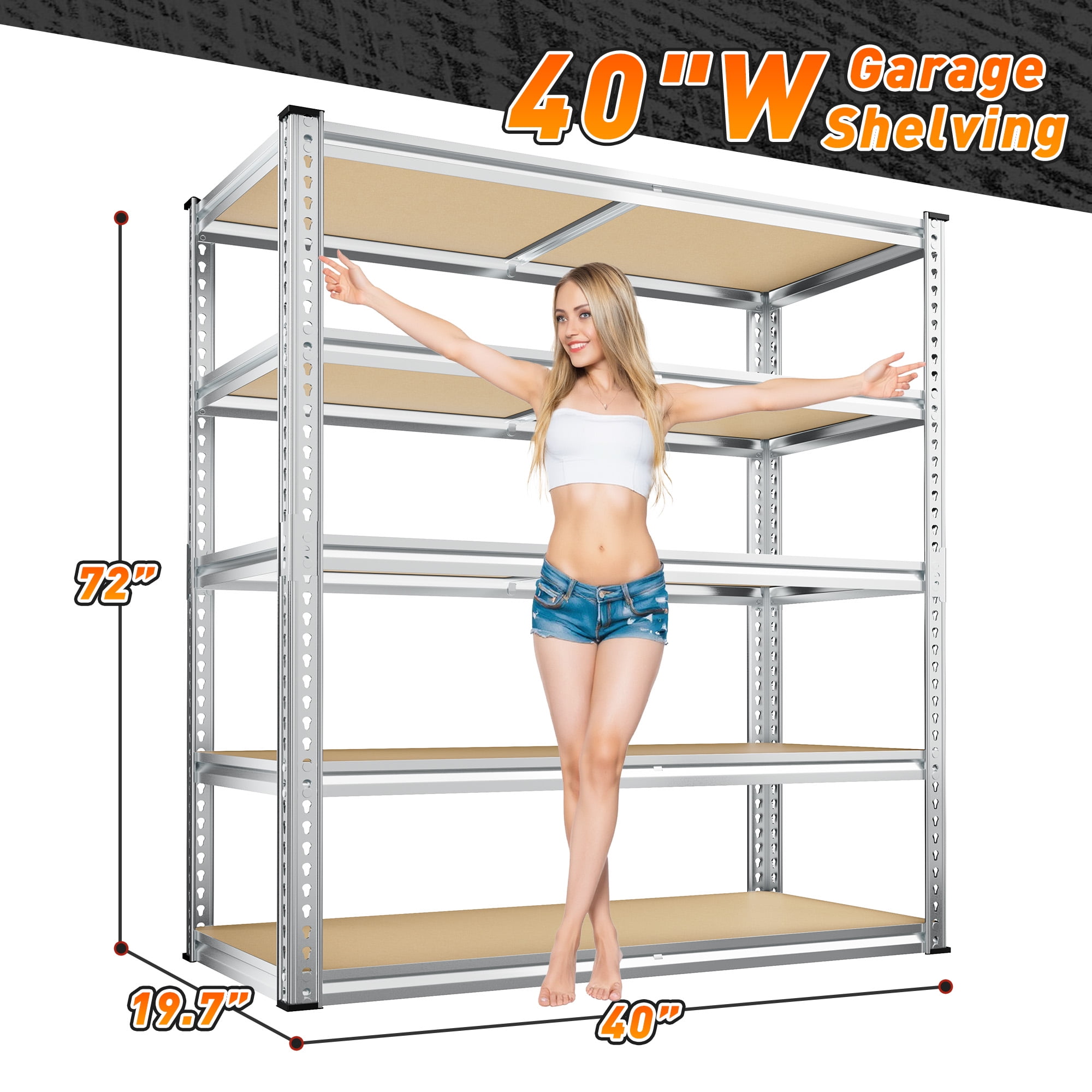 REIBII 3000LBS Garage Shelving Unit Heavy Duty Storage Shelves 5-Tier Metal Shelves，72"H x 40"W x 20"D，Galvanized