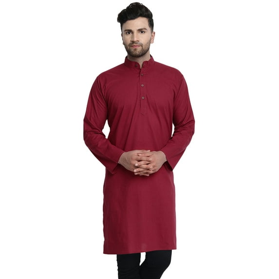 In-Sattva Men's Indian Banded Classic Collar Pure Cotton Long Kurta Tunic