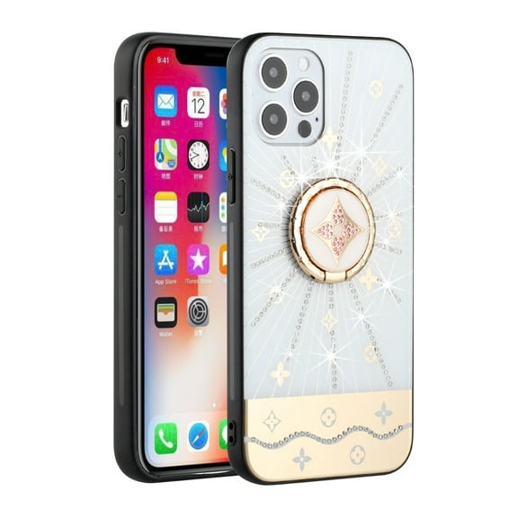 For Apple iPhone 13 (6.1") Diamond Bling Sparkly Glitter Ornaments Engraving Hybrid Armor with Ring Stand Fashion Cover ,Xpm Phone Case [White Harmony Rays]