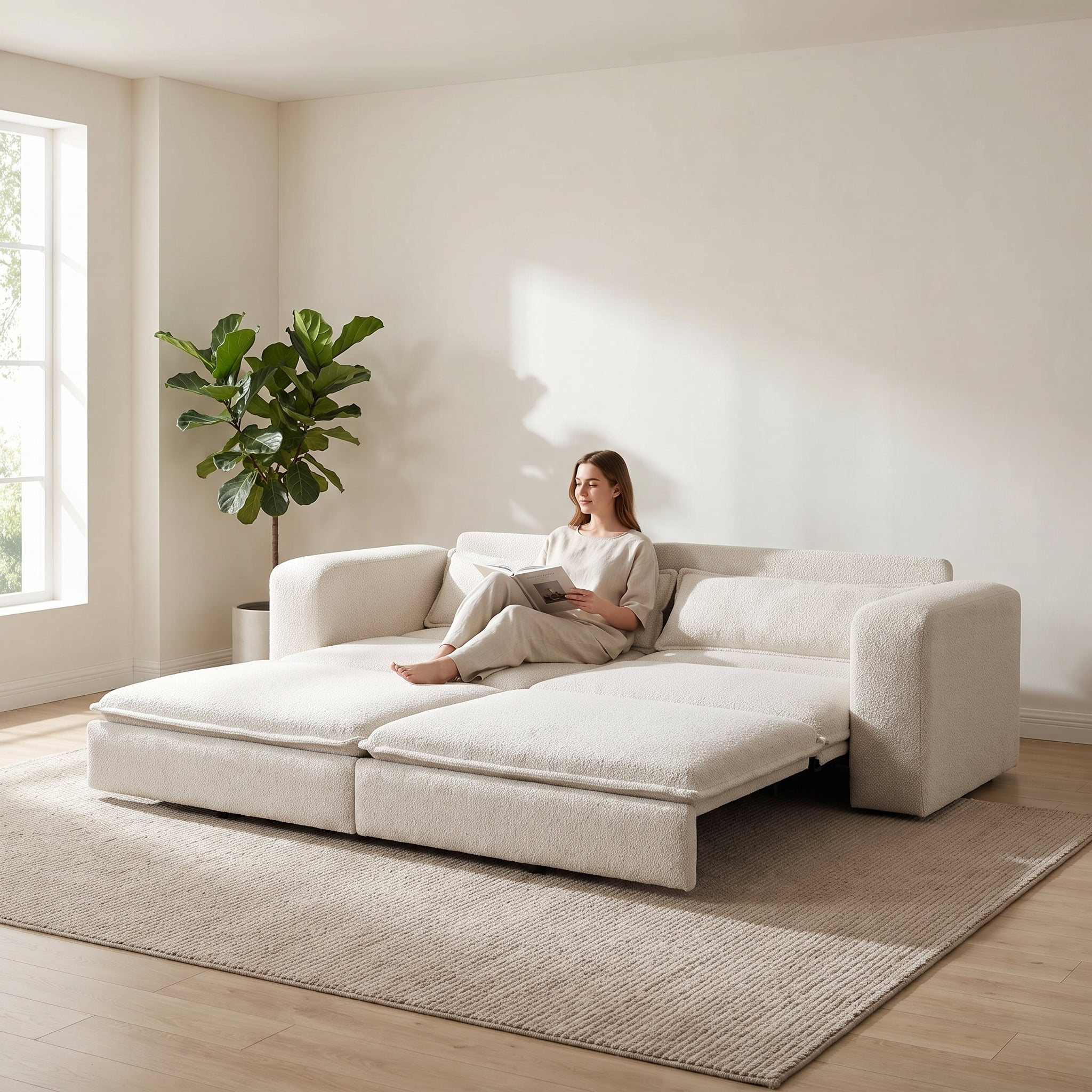 3-in-1 King Size Sleeper Sofa Bed, 93" Sherpa Fleece Pull Out Couch with Wide Armrests & Deep Seat, Modern Convertible Futon Lounge Sofa with 2 Pillows, Beige