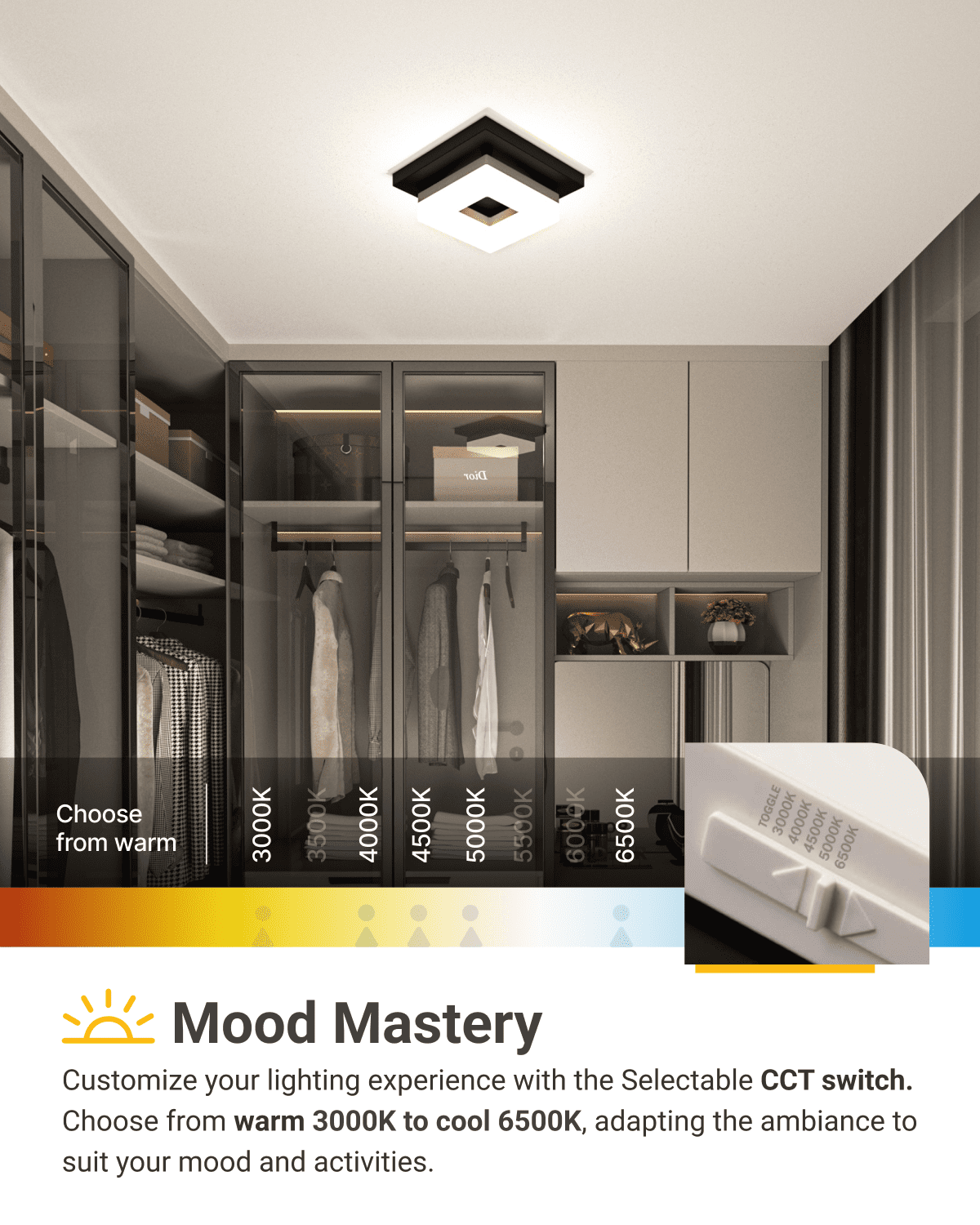 Sunco 8 Inch Square LED Flush Mount Black Ceiling Light Fixture 3000K/4000K/4500K/5000K/6500K Selectable CCT Switch, 1800LM High Brightness Damp Rated 2 Pack