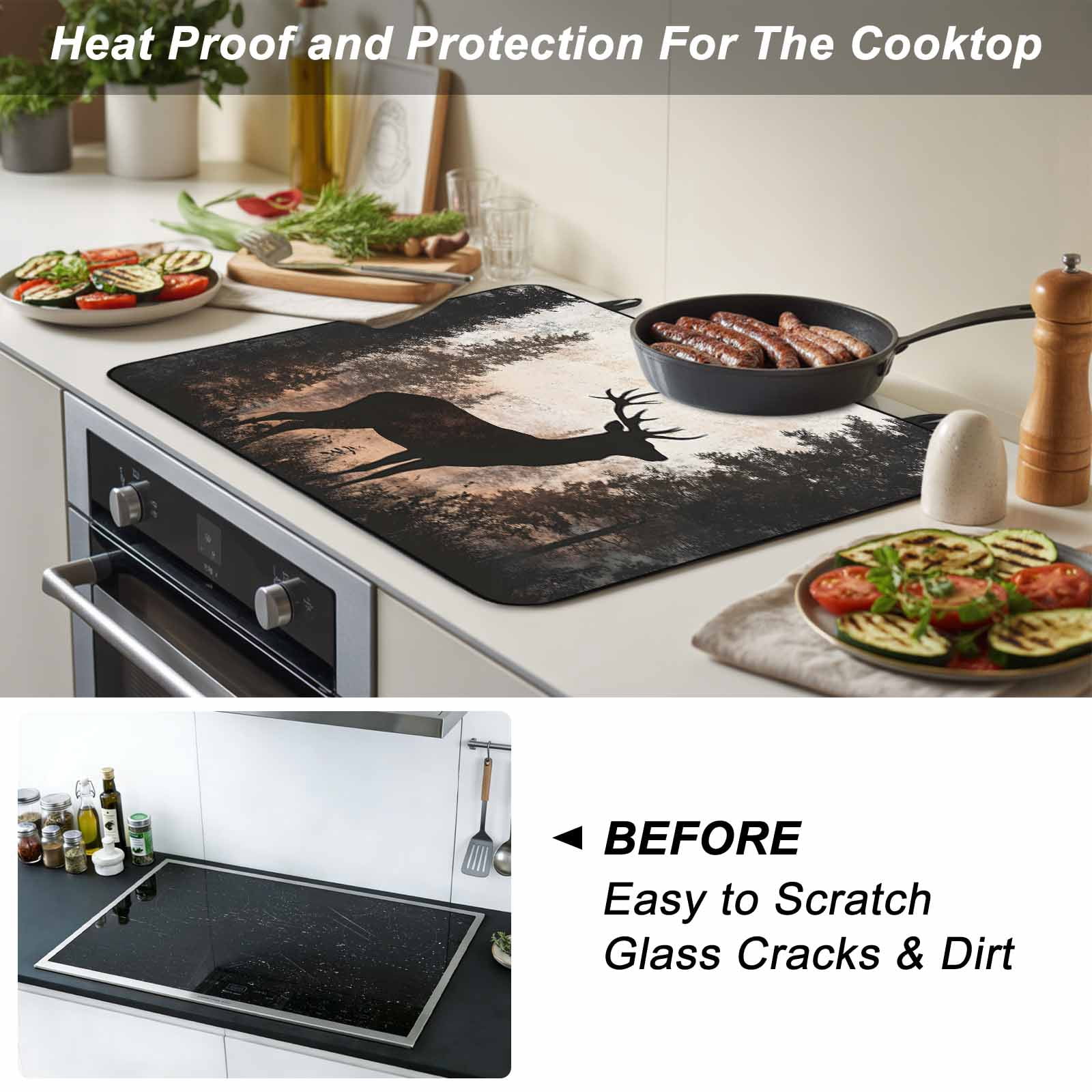 Forest Tree Elk Stove Top Cover for Electric Stove, Heat-proof & Non Slip Glass Top Stove Cover Protector, Vintage Black Deer Animal Wild Plant Kitchen Flat Cooktop Rubber Mat 24x21 Inches
