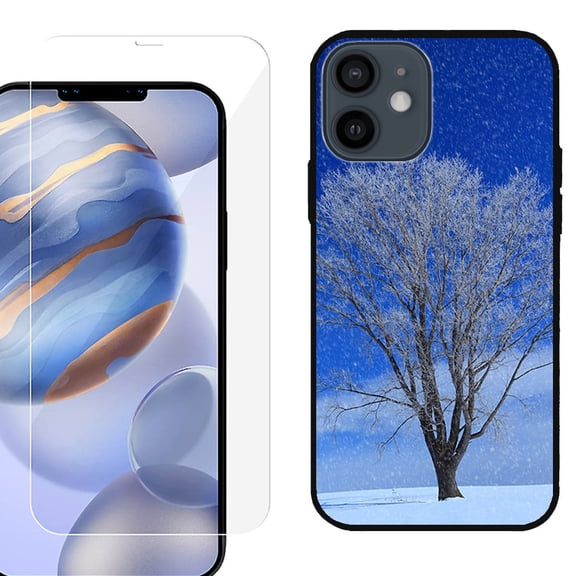 Slim-Fit Protective Phone Case (Black) compatible with iPhone 12 / iPhone 12 Pro, with Tempered Glass Screen Protector, by OneToughShield ® - Snowing Tree