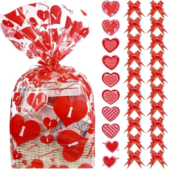 80 Pcs Valentine's Day Cellophane Wrap Bags 28 x 39 Inch Large Plastic Clear Valentine Basket Bags Heart Printed Gift with Bow Ribbon for Valentines Classroom Prize Gift