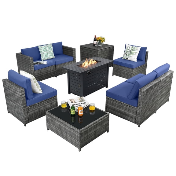 Patiojoy 9 PCS Rattan Dinning Set Wicker Sofa w/Propane Gas Fire Pit 60,000 Btu Heater Navy