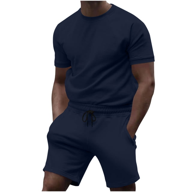 Conjunto de Pantalones de Dos Piezas de Color Sólido Casual de Manga Corta de los Hombres Camiseta Y Pantalones de Playa con Bolsillos Verano