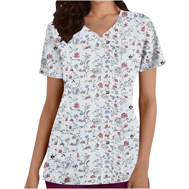 Tops Cortos para las Mujeres Impreso Bolsillo V-Cuello Enfermera Estilo Blusa, Casual Y Cómodo Manga Corta Superior