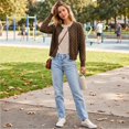 thumbnail image 4 of Womens Polka Dot Knit Cardigan Round Neck Single Button Long Sleeve Cropped Sweater Coat Lightweight Knitted Open Front Cardigan Casual Outerwear Brown L, 4 of 6
