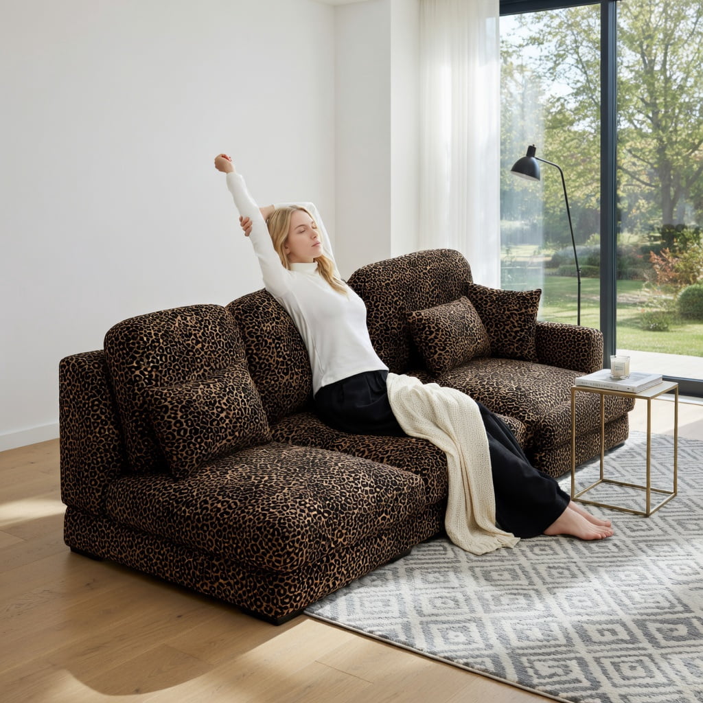 Hommoo Leopard Print Chenille Loveseat Sofa with Tassel Trim, 2-Seat Modular Sectional Couch, Ergonomic Deep Seat Design, Easy Assembly, Modern Living Room Sofa, Brown