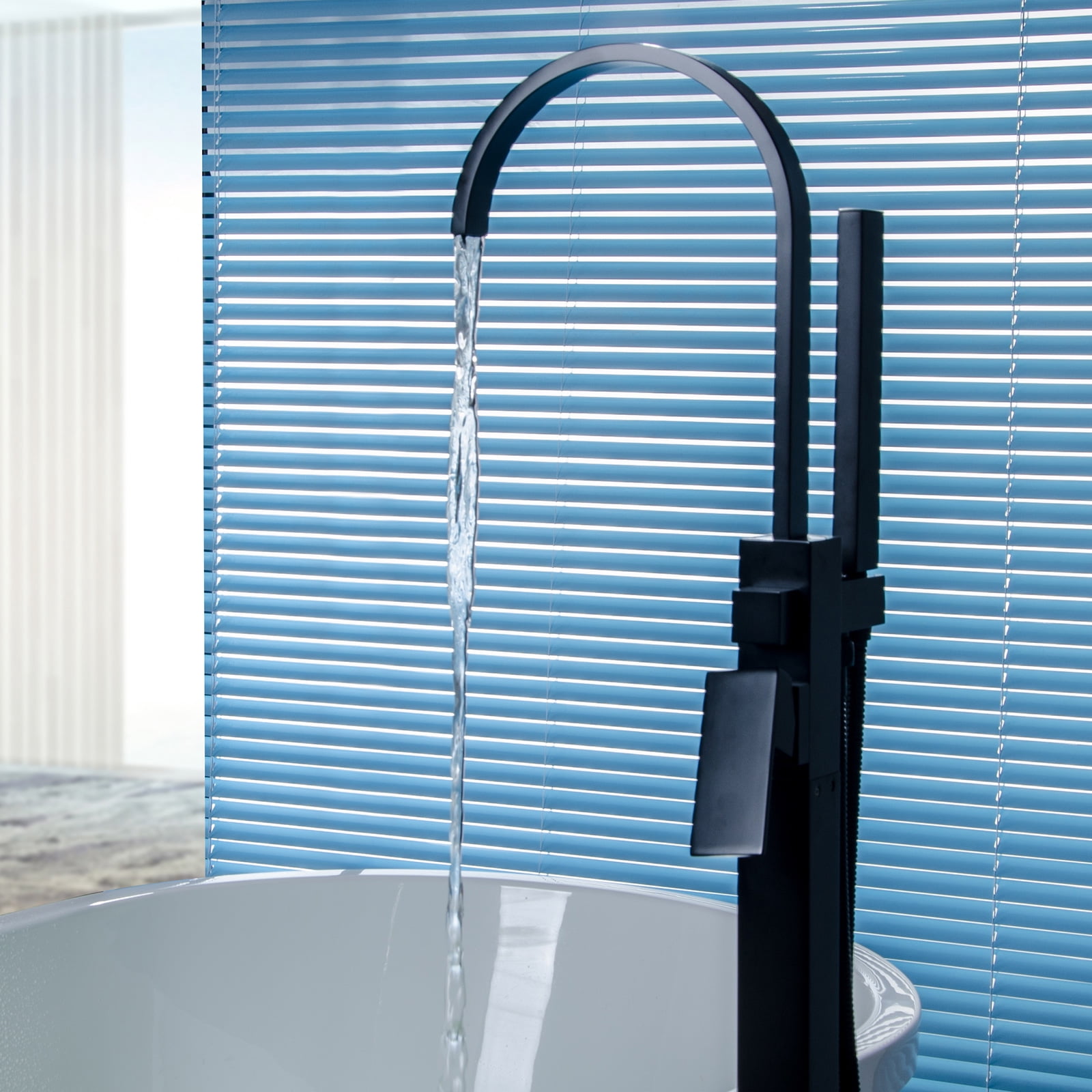 BWE Waterfall Spout Freestanding Floor Mounted Bathtub Faucet with Hand Shower Single Handle Bathroom Faucet with Handheld Sprayer in Matte Black Floor Mount Tub Filler Leadless Solid Brass