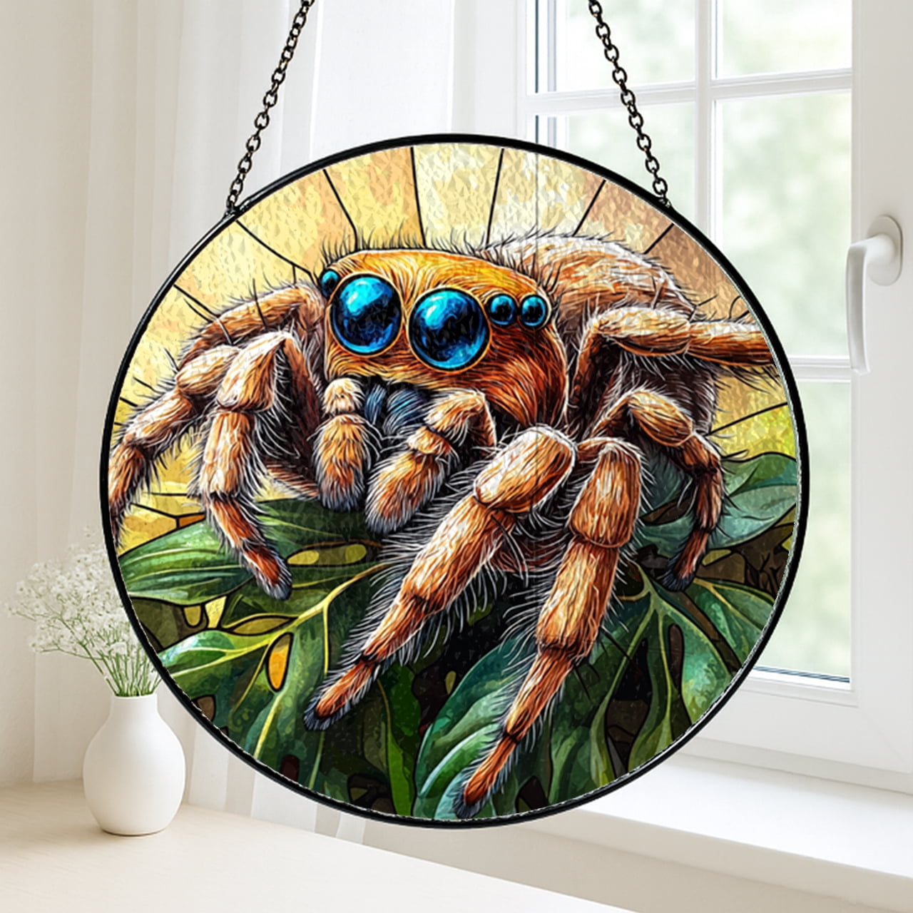 Jumping Spider Stained Glass Ornament, Real Glass Handmade Window Hanging