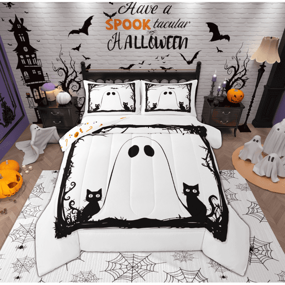 Feelyou White Ghost Print Bedding Comforter Set for Teen, Black Mystic Cat Twin Comforter Sets, Cartoon Halloween Style Reversible Bedding Set, Microfiber Bedroom Decor, 2pcs