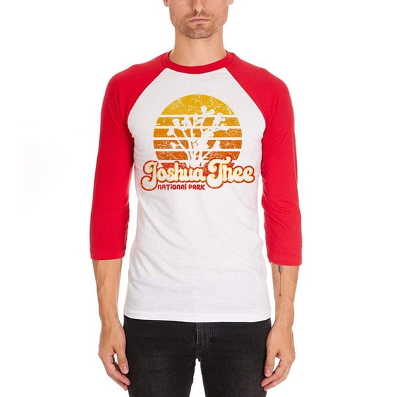 National Park Retro 70s Sunset Joshua Tree Mens Soft Raglan T Shirt White-Red LG