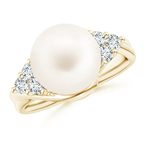 ANGARA Freshwater Cultured Pearl Bypass Ring with Diamond Trio in 14K Yellow Gold for Women | June Birthstone, Birthday, Anniversary, Jewelry Gift for Women | Pearl Ring