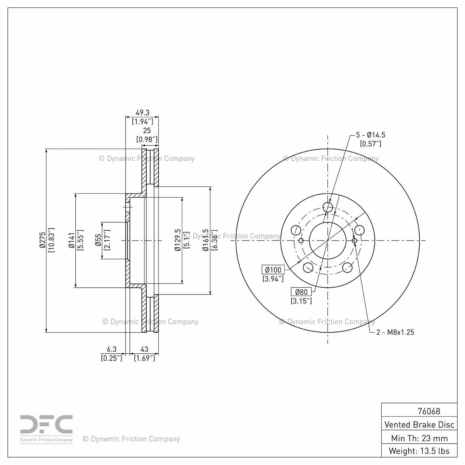 Front Dynamic Friction Company Disc Brake Rotor 600-76068 (1) For 2000-2005 Toyota Celica, 2003-2008 Pontiac Vibe, 2003-2008 Toyota Corolla, 2003-2008 Toyota Matrix, 2005-2010 Scion tC