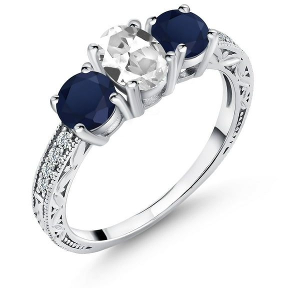 Gem Stone King 2.32 Ct Oval White Created Sapphire Blue Sapphire 925 Sterling Silver Ring (Size 5)