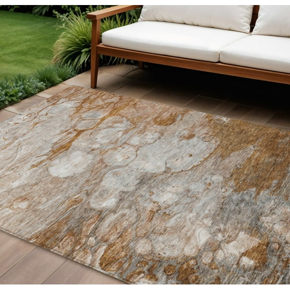 8' X 10' Terra Cotta Gray And Silver Abstract Washable Indoor Outdoor Area Rug