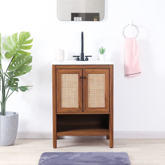 JONATHAN Y Jasper 24 in. W x 18 in. D x 33 in. H, Rattan 2-Shelf, Bath Vanity Cabinet ONLY, Walnut, VAN1023B