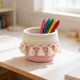 thumbnail image 3 of YANDERound Woven Cotton Rope Desktop Storage Basket with Tassel Fringe, 1pc Small Organizer for Makeup Brushes Cosmetics and Home Countertop Use, Storage Baskets for Organizing (Pink), 3 of 3