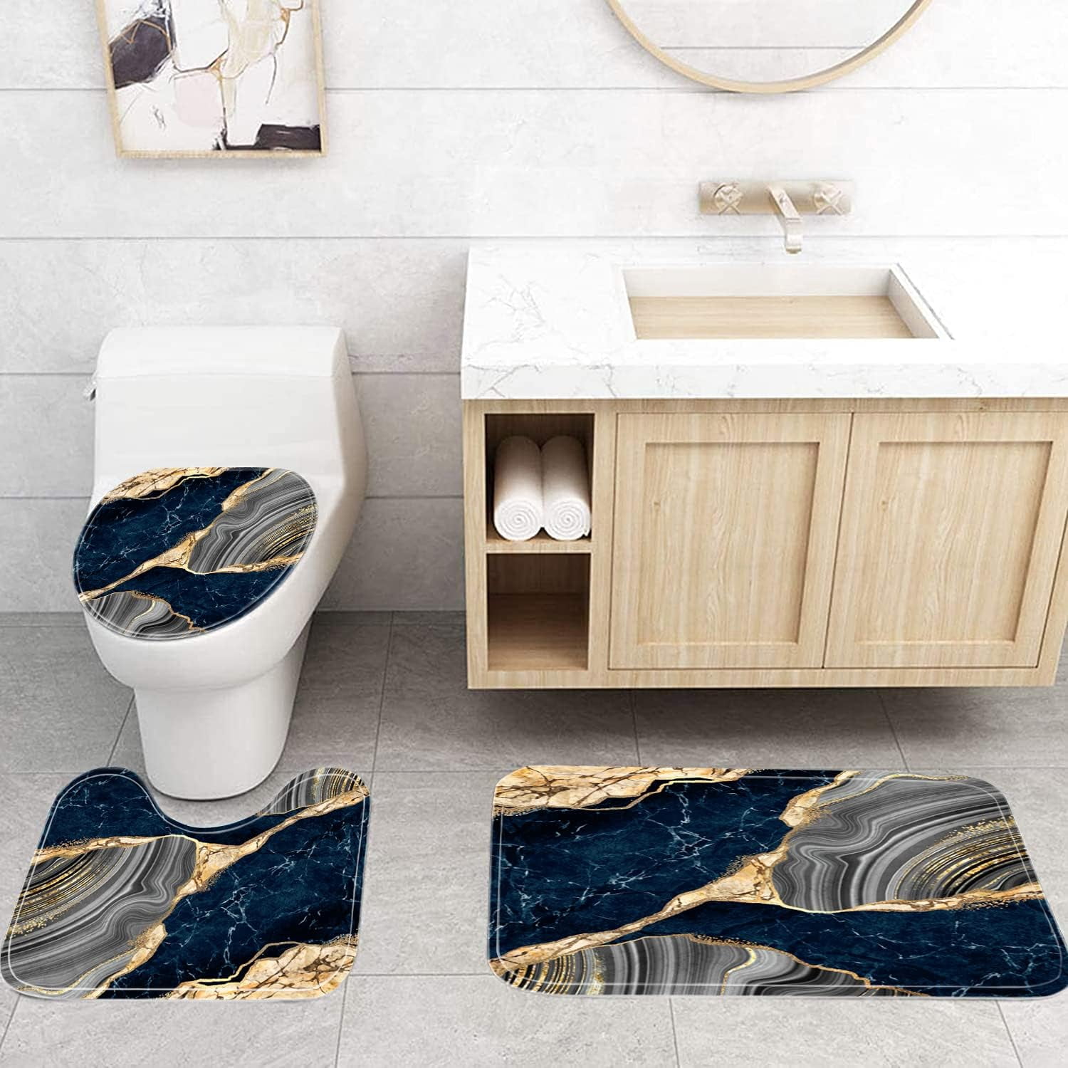 4 Pcs Black Marble Shower Curtain Sets with Rugs Gold Bathroom Sets with Shower Curtain and Rugs Modern Abstract Bathroom Decor Accessories Shower Curtains for Bathroom Toilet Lid Cover