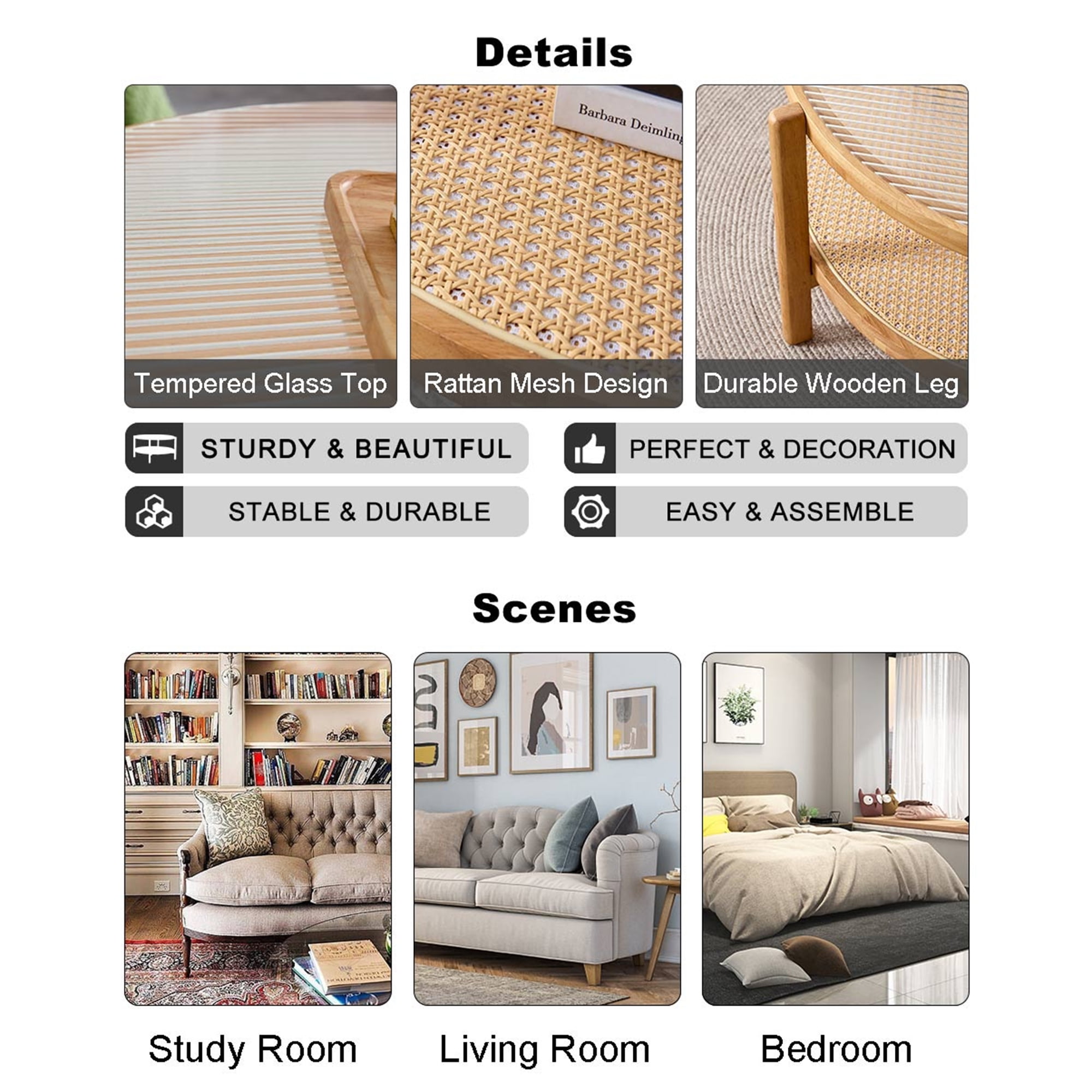 Kepooman 2-Tier Coffee Table, Round Tea Table with Solid Wood Frame and Pe Rattan, Modern Glass Sofa Center Table for Living Room, Natural Wood