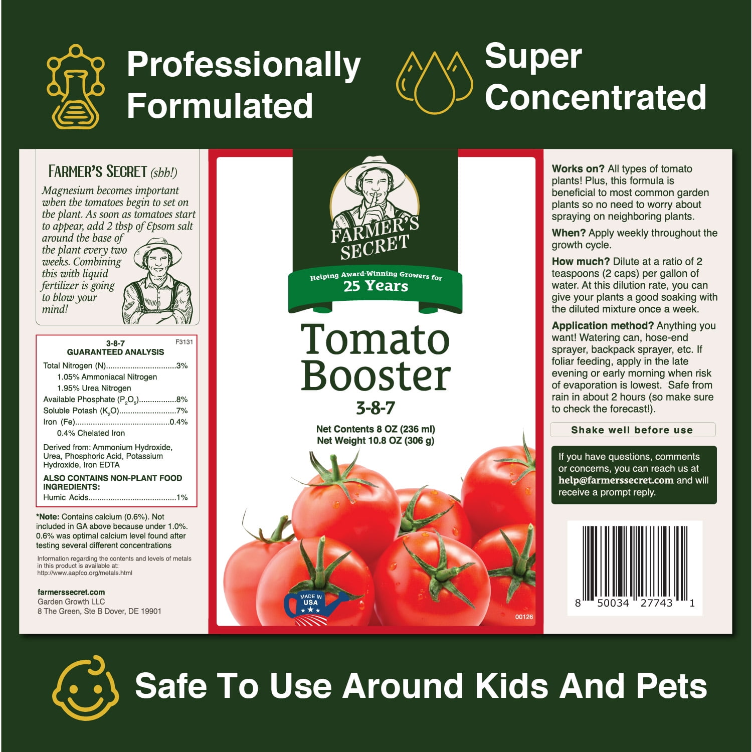 Farmer's Secret Tomato Booster Fertilizer (32oz) - Super Concentrated - 3:8:7 Ratio Fortified with Humic Acid, Iron and Calcium - Grow More Tomatoes