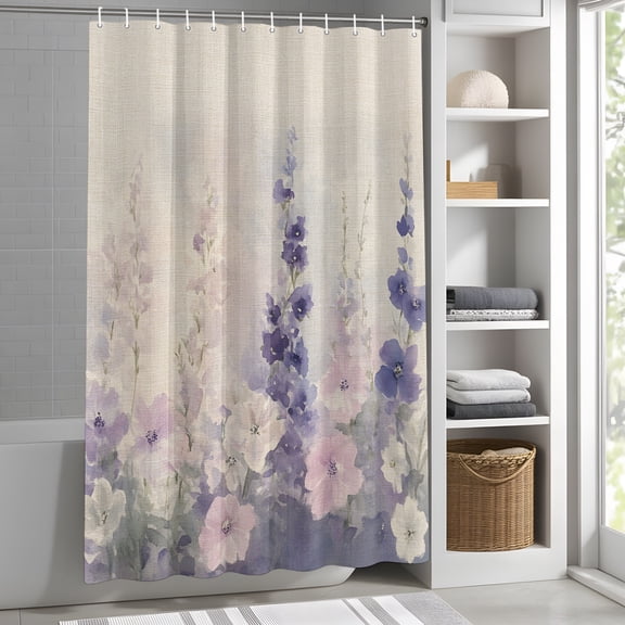 Pink Flowers Purple Lavender Shower Curtain for Bathroom, Spring Idyllic Fabric Shower Curtain Set with Hooks, Waterproof Washable Bath Curtain for Bathroom Decor, 36"x78"
