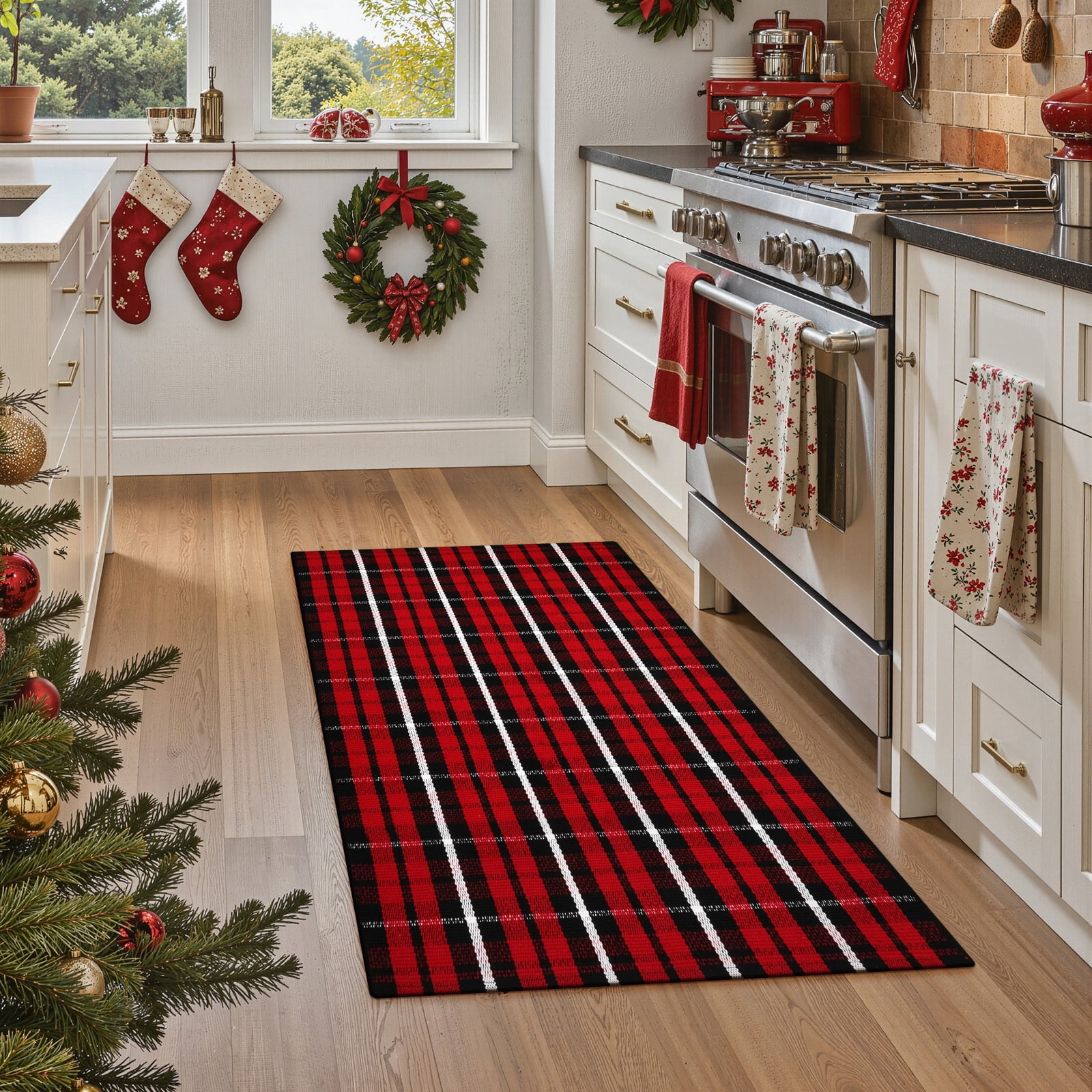 RUG ROBOT Buffalo Plaid Area Rug 27.5"x43", Washable Christmas Door Mat Indoor Outdoor Entrance Rug, Checkered Layering Rug for Kitchen Home Decor, Reversible Front Porch Rug, Red and Black/White