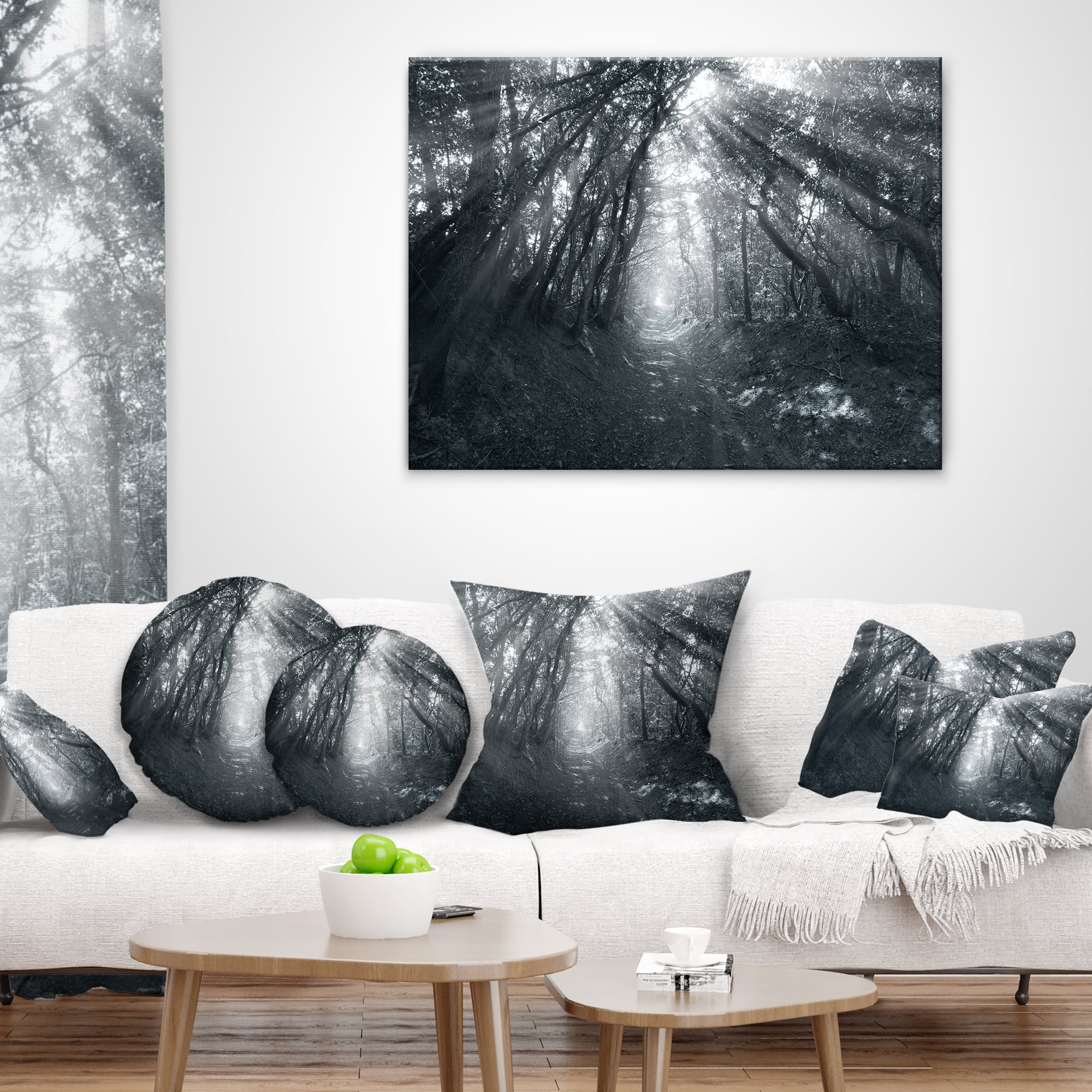 Designart Sun Rays Through Gray Trees - Landscape Photography Throw Pillow - 16x16