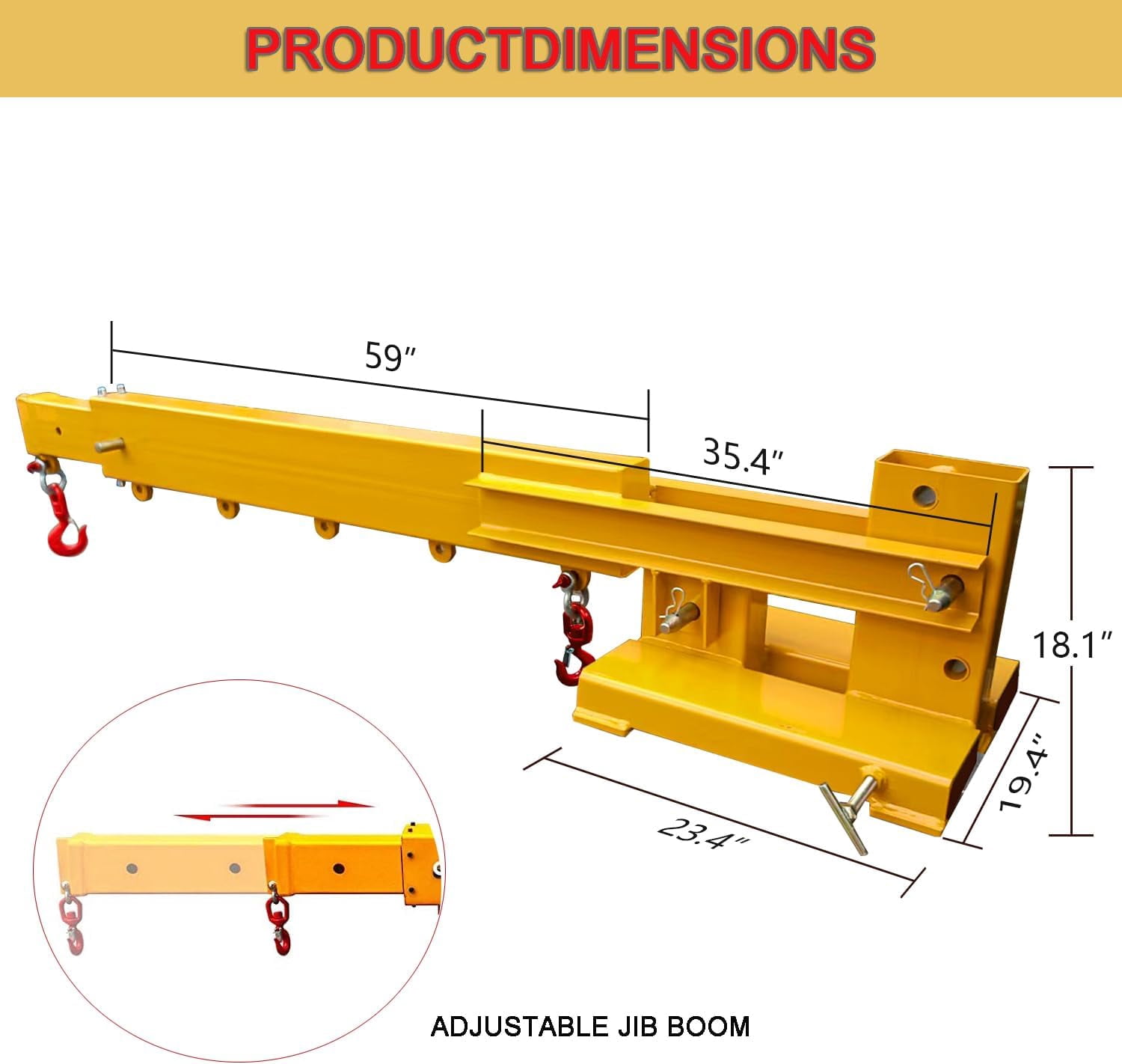 Forklift Jib Boom Crane 6,000 LB Lift Capacity,Attachments Fork Mounted Adjustable Hoist Jib Boom Crane with 2 Hook, Forklift Boom Attachment Towing Handling Equipment