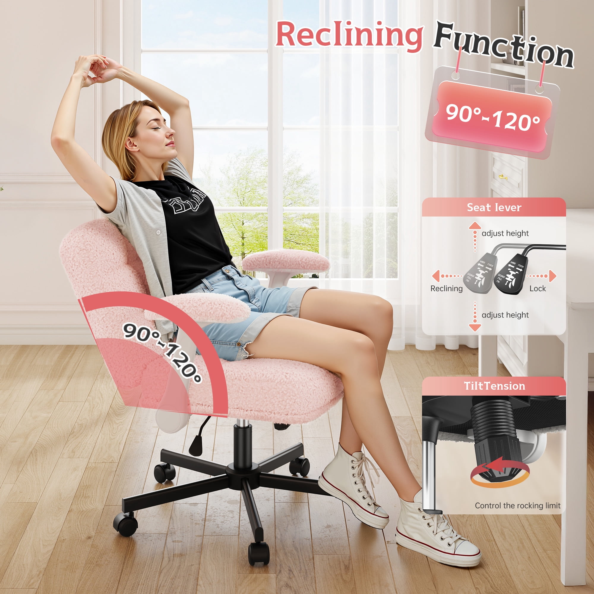 Romorgniz Criss Cross Chair with Flip-up Arms & Wheels Desk Chair with Adjustable Height & Teddy Plush Fabric for Bedroom, Home Office Desk, Vanity, Light Pink