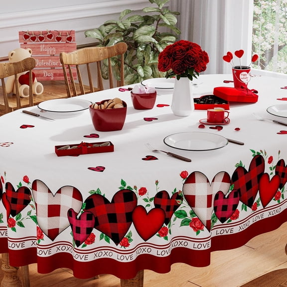 Valentines Tablecloth Oval 60x84 Inch, Washable Red Plaid Love Hearts Valentines Day Tablecloth Waterproof Dining Table Cloth Sweet Home Party Decorations
