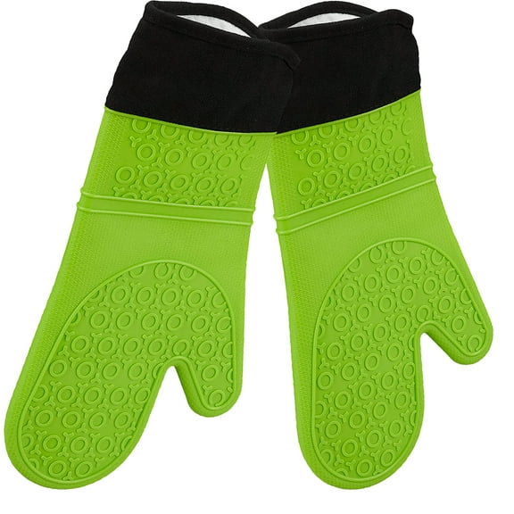 BPA-Free Soft Silicone Oven Mitts - Ultra Heat Resistant Oven Mitts with Thick Cotton Liner - Extra Long Slip Resistant Pot Holders, Flexible Oven Gloves - Green 14.7"