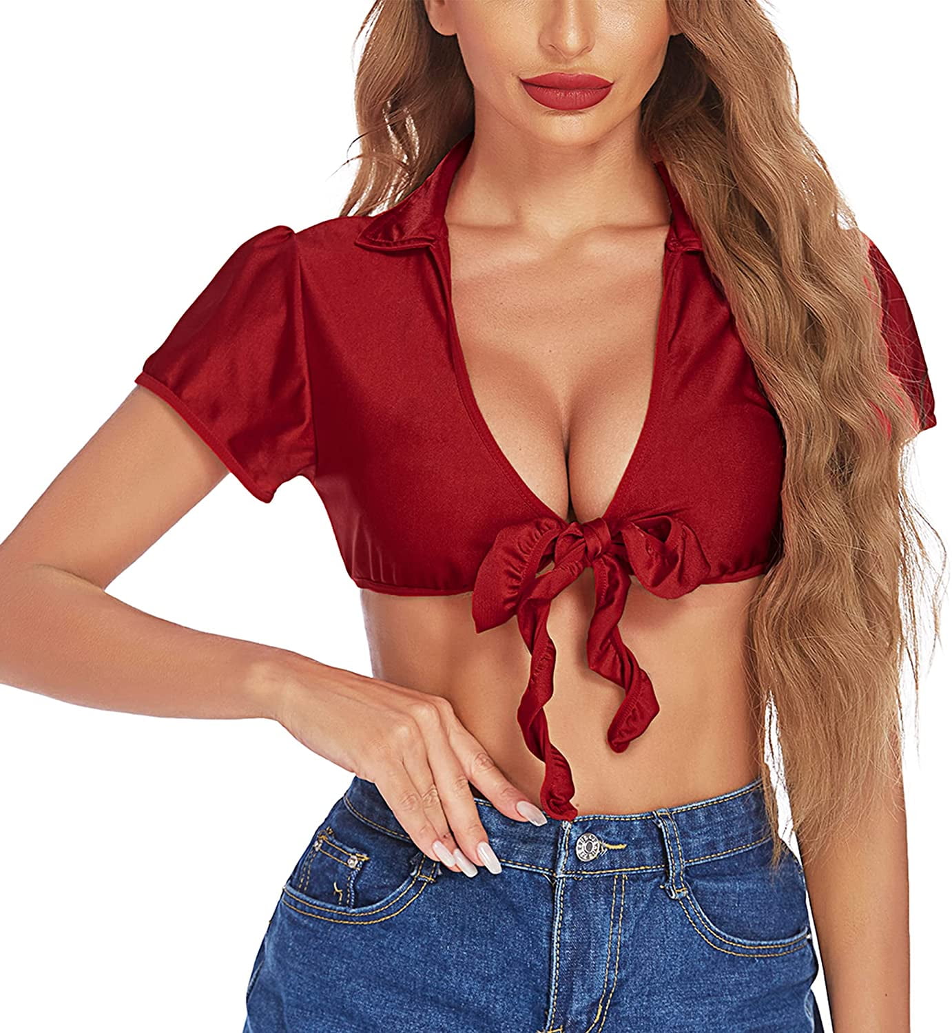 Hand Tied Front - Lingerie for Women Crop Top Tie up Shrug Cosplay Shirt Short Sleeve Bolero  Cardigan Red XX-Large - Walmart.com