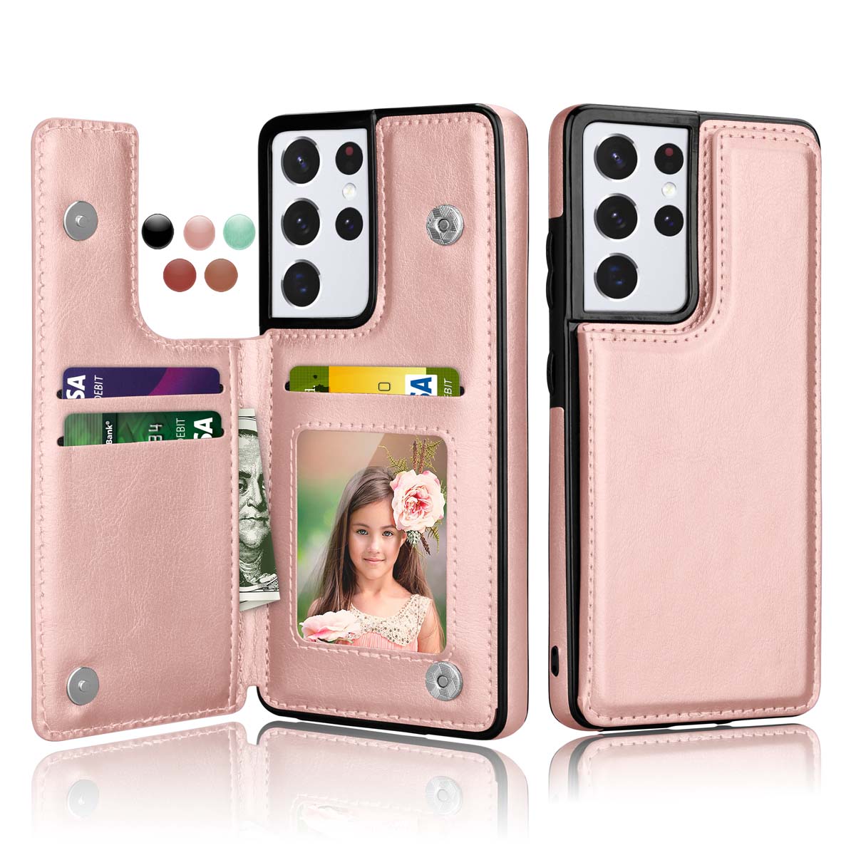 Cases for Galaxy S21 S21+ S21 Ultra 5G, Njjex Leather Flip Wallet Card Holder Case Cover for Samsung Galaxy S21 21+ S21 Plus S21 Ultra 5G 2021, Rose Gold - image 1 of 11